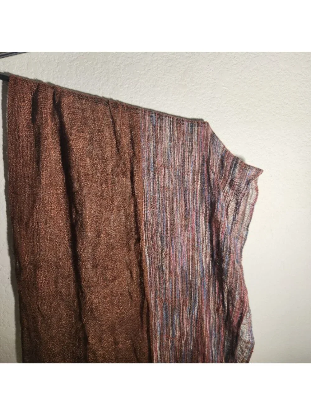 Handwoven Boho Scarf With Brown & Multicolor Panels Fringed Ends & Decorative Bu